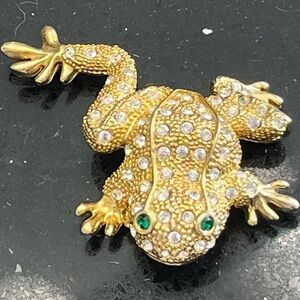 Huge FROG crystal rhinestone statement emerald green gold brooch pin vintage HSN